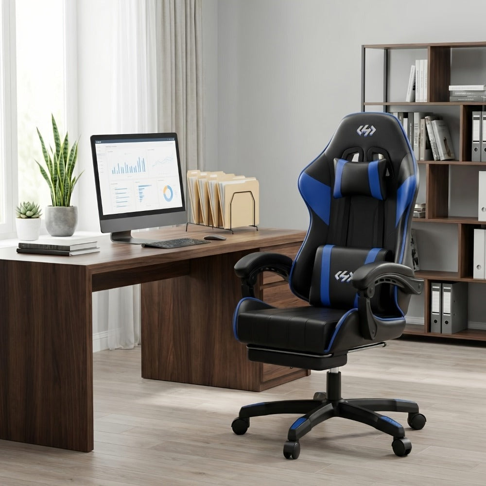 Silla de Juegos Furnishia con Reposapiés, Silla de Computadora Ajustable en Altura con Soporte Lumbar y Reposacabezas para Adultos, Silla de Oficina Giratoria 360 Grados para Oficina, Dormitorio, Estación de Trabajo Robusta