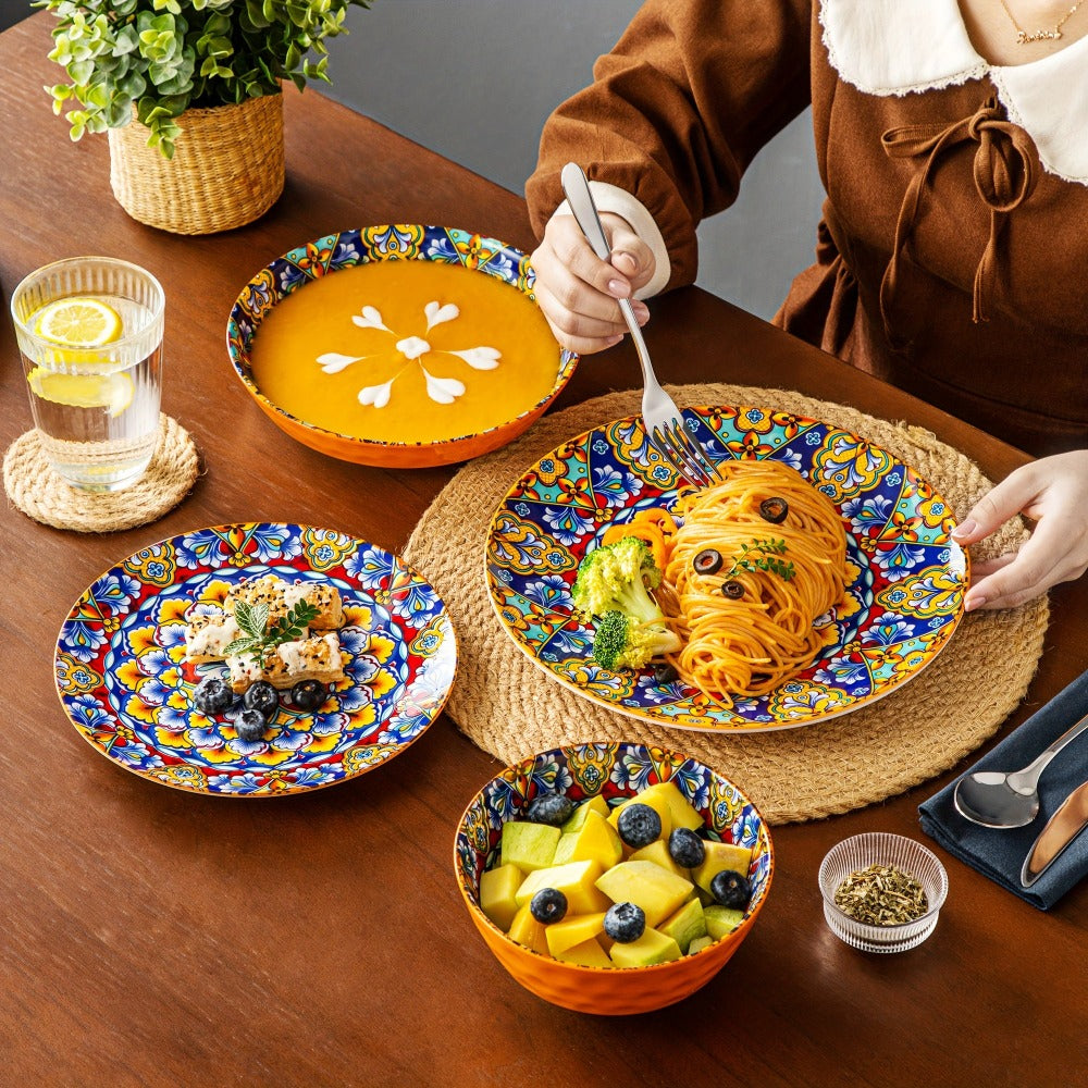 Juego de 24 Piezas de Vajilla Estilo Bohemio con Plato Principal, Platos para Postre y Tazones para Pasta o Cereal, Servicio para 6 Personas