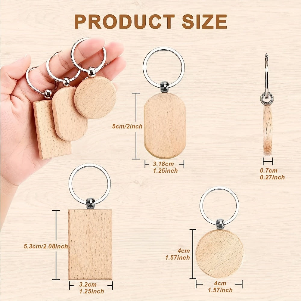 Dofiki Juego de 30/60 Llaveros de Madera, Redondos/Cuadrados/Ovalados, Grabados con Láser, Adecuados para Regalos Hechos a Mano de Bricolaje, Varios Llaveros y Etiquetas para Llaves