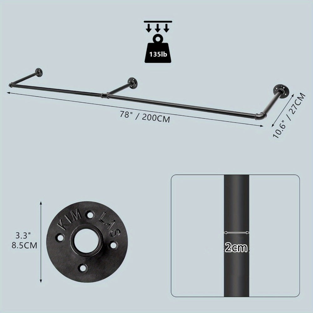 Perchero de tubo industrial de 200 cm para montar en la pared, toallero, barra para prendas de estilo vintage, riel de pared de alta resistencia para colgar y exhibir ropa, para dormitorio y lavadero