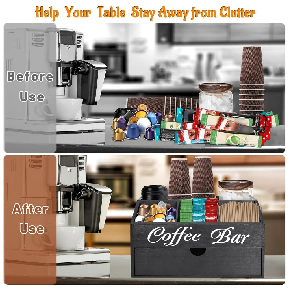 Organizador de barra de café Deluxe Freestable con cajón - Madera, apto para cápsulas de café, suministros de té, sobres de azúcar y cremas | Estación espaciosa para encimera, oficina, cafetería | Organizador de cajón para regalos de Navidad