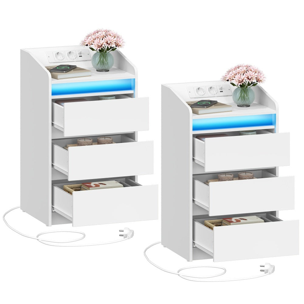 Juego de 2 Cajoneras con 3 Cajones, Mesa Auxiliar con Estación de Carga y LED, 2 Tomas de Corriente y 2 Puertos USB, Almacenamiento para Dormitorio, Libros y Artículos Varios en Sala y Dormitorio, Organización y Almacenamiento, Unidades de Cajones