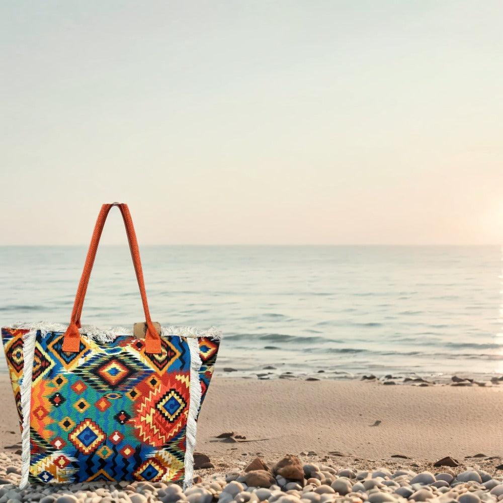 MEJORADA Bolso de playa grande con estampado bohemio, ideal para verano, con flecos de algodón, forro interior y bolsillos, 55×37×19 CM, tejido 100% poliéster