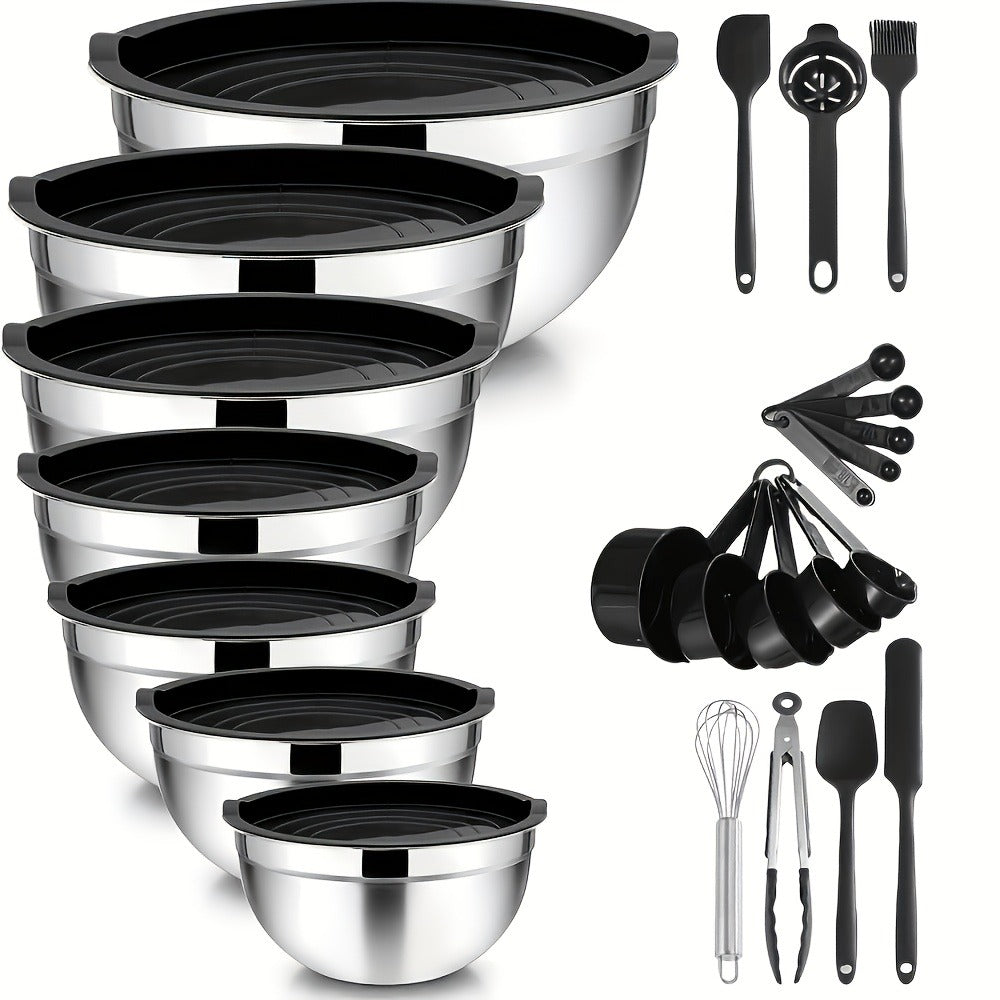 Juego de 7 cuencos de ensalada premium de acero inoxidable con tapas, juego de cuencos apilables, cuencos gruesos duraderos, aptos para ensaladas, aptos para lavavajillas y microondas, ideales para Navidad, Hanukkah, Pascua, Acción de Gracias, almacén loc