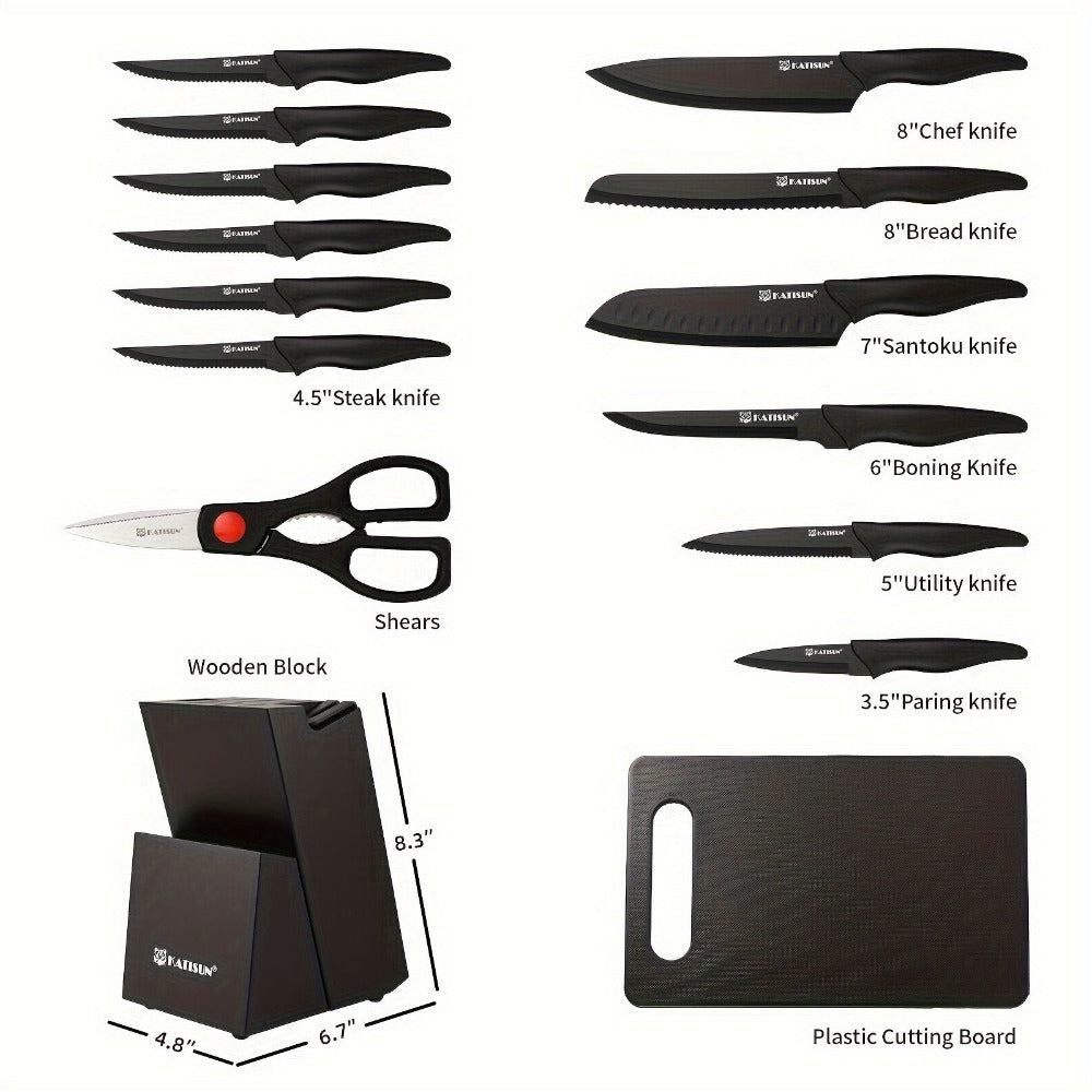 Juego de cuchillos de cocina de acero inoxidable con revestimiento antiadherente, juego de 15 cuchillos de cocina profesionales con bloque de madera negra, mango de ABS antideslizante para cuchillos de chef, tabla de cortar de plástico y tijeras de cocina