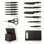Juego de cuchillos de cocina de acero inoxidable con revestimiento antiadherente, juego de 15 cuchillos de cocina profesionales con bloque de madera negra, mango de ABS antideslizante para cuchillos de chef, tabla de cortar de plástico y tijeras de cocina