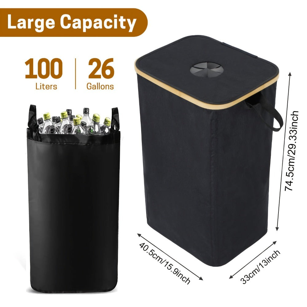 Cubo de Reciclaje Plegable de 100L y 70L, Material de Nylon 900D, con Bolsa Extraíble - Organizador de Basura de Tela Oxford Negra de Gran Capacidad, para Reciclaje de Vidrio, Plástico, Metal y Botellas Vacías, Almacenamiento para Cocina y Lavandería