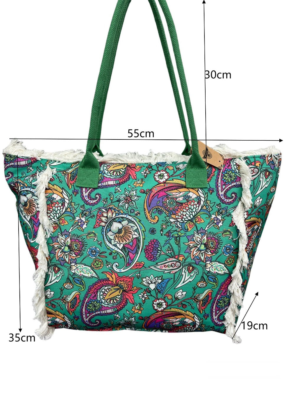 MEJORADA Bolso de Playa Grande con Estampado Colorido y Flecos, Estilo Tote con Forro Interior, Tamaño 55x35x20 cm - Ideal para Playa, Piscina y Viajes