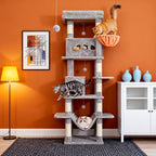 Árbol para Gatos de Interior, Torre Alta de 210 cm con Múltiples Niveles, Casa para Gatos, 8 Postes Rascadores, Hamaca y 4 Pompones