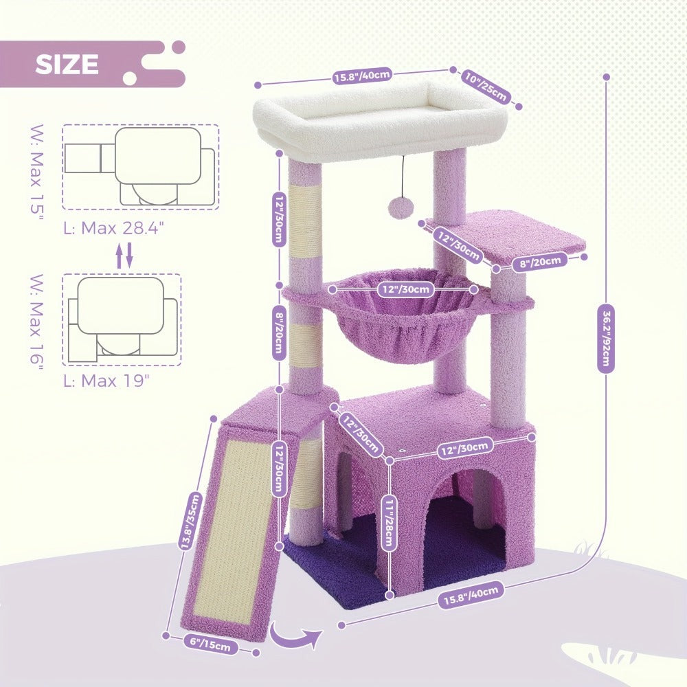 Árbol para Gatos de Interior PAWZ con Gran Apartamento, 1 Tablero de Sisal, 3 Postes Rascadores, Torre Rascadora para Gatos con Hamaca Grande y Percha de 90cm