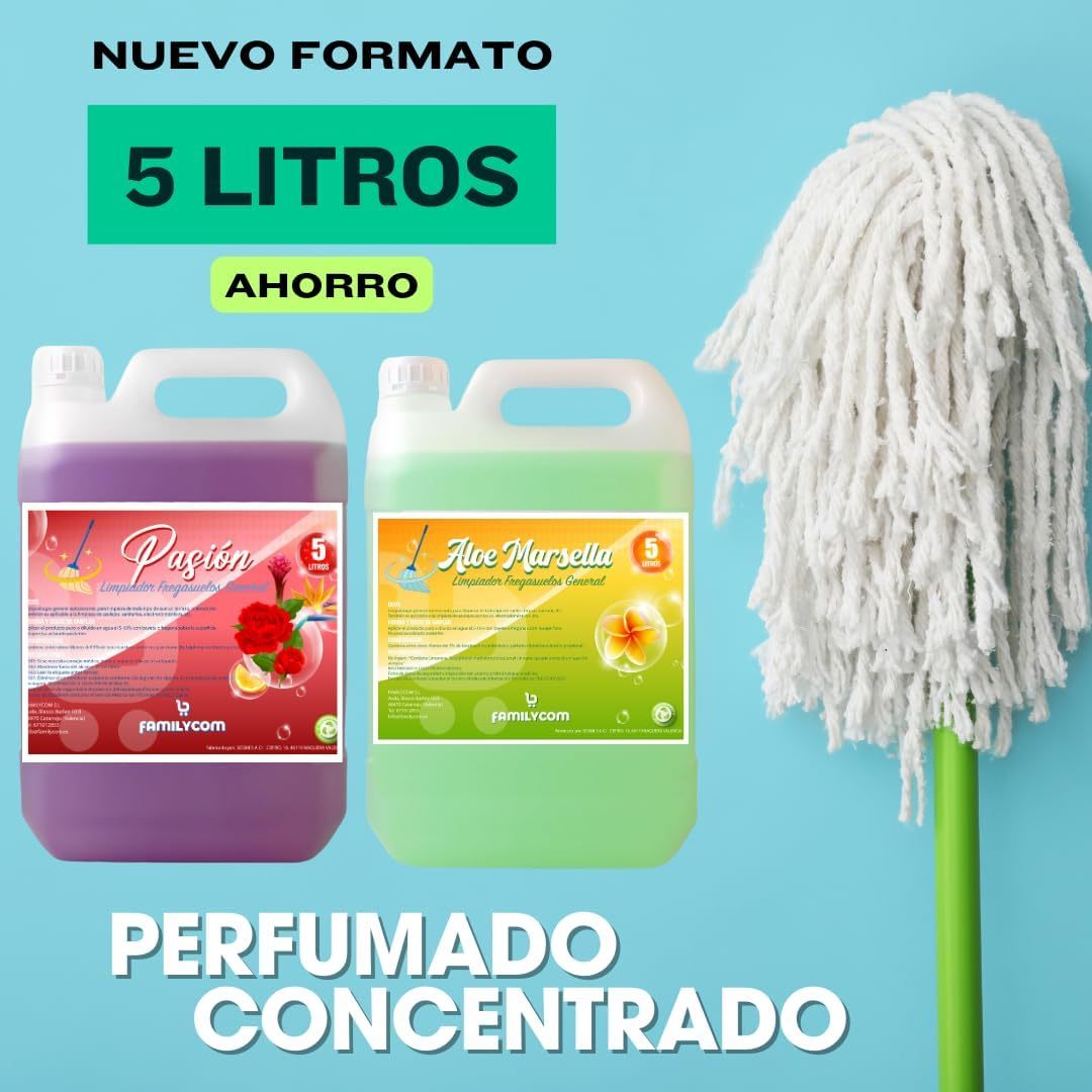 Fregasuelos Concentrado. Fregasuelos Perfumado Duradero. PH Neutro. Aroma Aloe Marsella y Pasión. 5 Litros