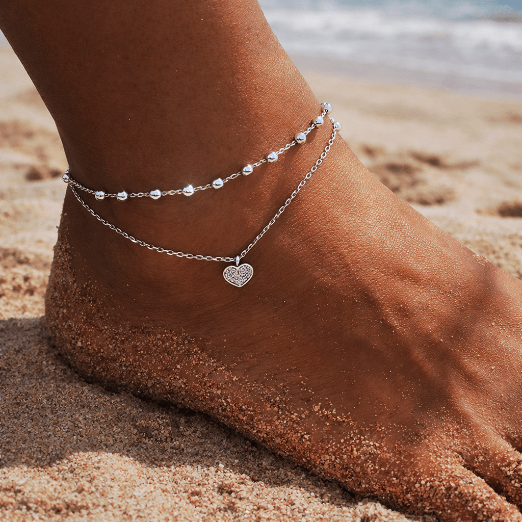 Tobillera para mujer bañada en plata 925, de 2 capas con colgante de corazón y pedrería, joya elegante de playa de verano, cadena de tobillo ajustable estilo bohemio, 20+7 cm, regalo para mujer