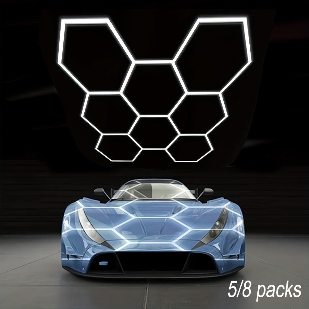 Paquete de 5/8 Lámparas de Techo LED Hexagonales - 280W 33600LM Ultra Brillantes Blanco Frío 6500K, Iluminación Exterior Moderna para Garaje, Taller, Estudio, Tienda de Detallado Automotriz - Duración Estimada, Fácil Instalación, Montaje