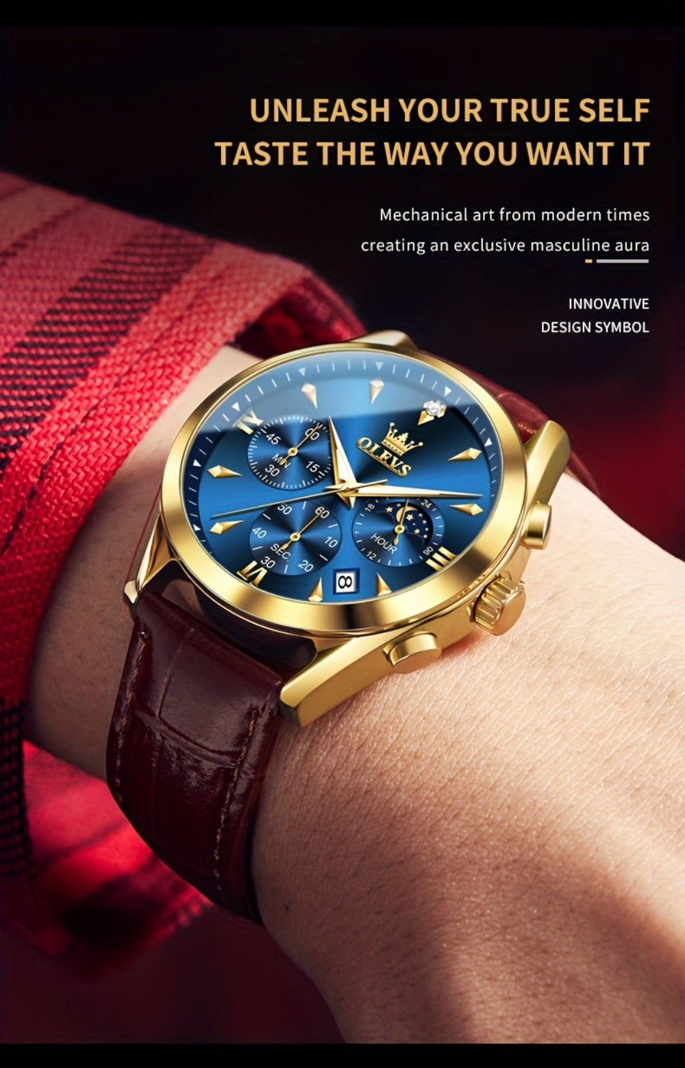 OLEVS Reloj para Hombre Clásico Cronógrafo Cuero Marrón Caja Dorada Analógico Cuarzo Moda Negocios Vestir Cara Grande Reloj de Hombre Día Fecha Luminoso Casual Reloj de Pulsera Masculino Regalos Románticos Relojes De Hombre Azul/Negro/Blanco/Marrón Esfera