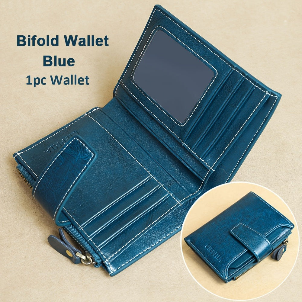 Monedero Ciephia de Cuero Genuino con Bloqueo RFID - Rojo Compacto con Detalles Dorados, 14 Ranuras para Tarjetas, Ventana Extraíble para DNI y Bolsillo con Cremallera para Monedas, Regalo Casual para San Valentín o el Día de la Madre, Apto para Hombres y