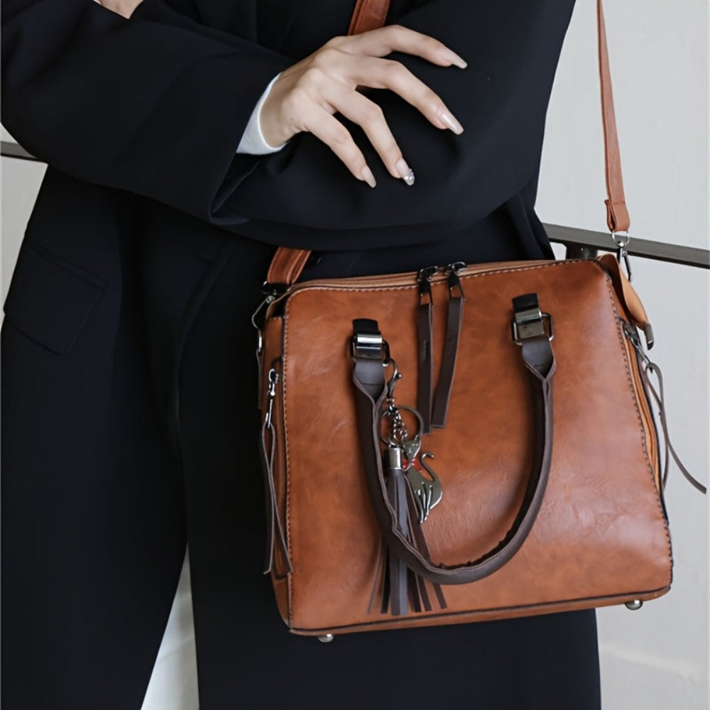 Conjunto de 4 piezas de bolsos para mujer, moderno y versátil, incluye bolso tote retro, bolso cruzado de hombro, bolso de mano, billetera, bolso tote grande de PU con cera de aceite, borlas, ideal para el día a día, viajes y como regalo