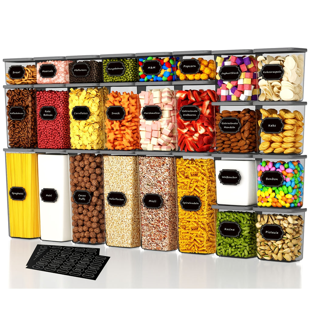 Juego de 52 contenedores de plástico sellados aptos para alimentos - 26 recipientes + 26 tapas | Especial para cereales/harina/granos de café/hojuelas de maíz - Artefacto de almacenamiento de cocina, con tapas