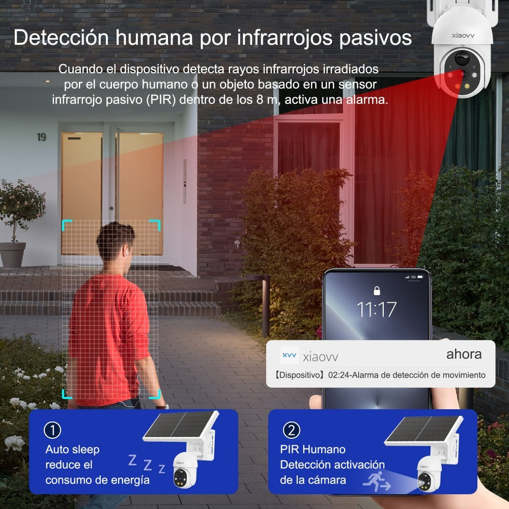 Cámara de seguridad exterior XIAOVV P6, sistema de vigilancia sin varillas WiFi con visión nocturna HD 1080P, audio bidireccional, alertas de detección de movimiento, panel solar, adecuada para CCTV empresarial, con aplicación y montaje en pared