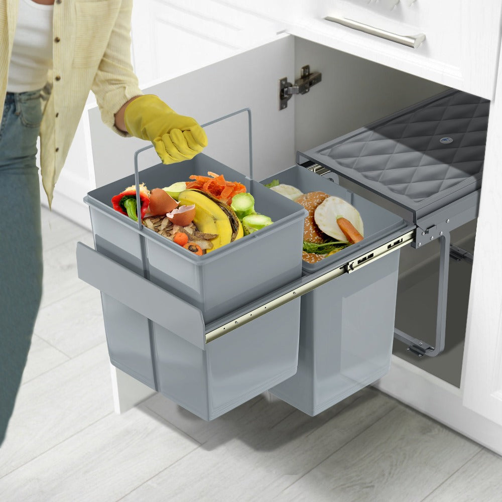 Basurero de Cocina Integrado con Rieles Telescópicos, Recogedor de Residuos Extensible para Bajo Mueble, Color Gris