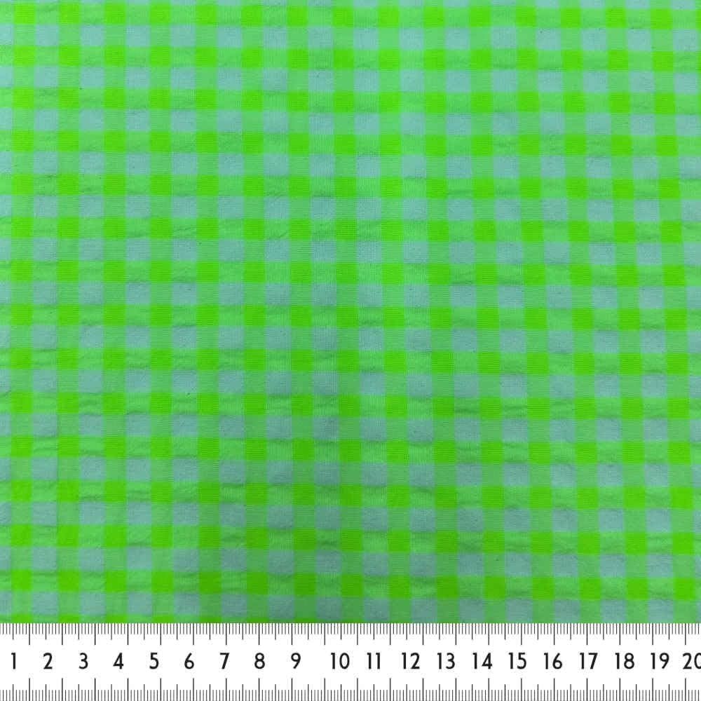 Tela Seersucker, 60% Algodón, 40% Poliéster Reciclado GRS, Camisería, Prendas Moda, Cuadros Vichy, verde Flúor