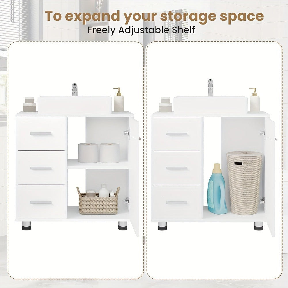 1pc Armario de Medicina, Tocador con 3 Cajones, Gabinete con 2 Compartimentos, Armario para Baño con Estante Ajustable, 60 x 60 x 30 cm, Blanco + Gris/Blanco/Blanco + Roble