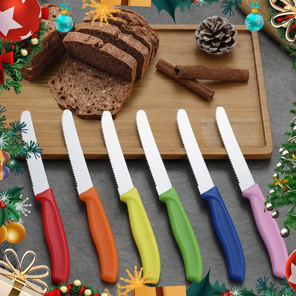 Día de la Asunción; Envío directo de la fábrica 12 piezas/juego Cuchillo de desayuno de colores mixtos, juego de cuchillos de bistec de acero inoxidable de alta gama, filo afilado, mango ergonómico, agarre cómodo, adecuado para 12 personas, adecuado para