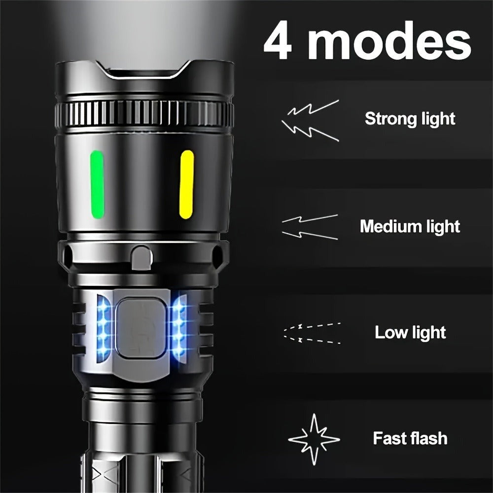 Una potente linterna recargable de alto brillo, con un diseño LED portátil zoomable, cuatro modos de iluminación y un display electrónico inteligente. Ideal para camping, emergencias en el hogar, caza, senderismo y pesca.