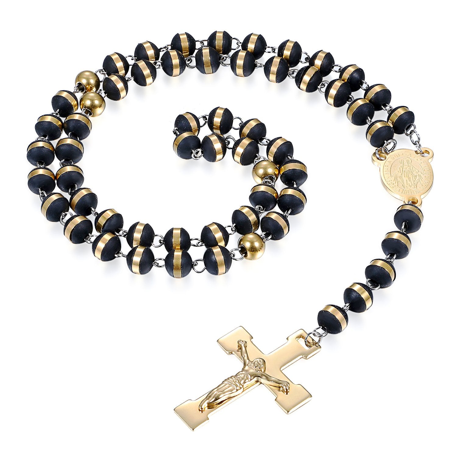 Collar de Rosario de 60 cm para Hombres y Mujeres con Colgante de Crucifijo Dorado de la Virgen María y Jesucristo - Cuentas Negras de Oración Religiosa, Cadena de Bolas para la Fe Católica, Uso Diario y Regalos de Navidad (Unisex)
