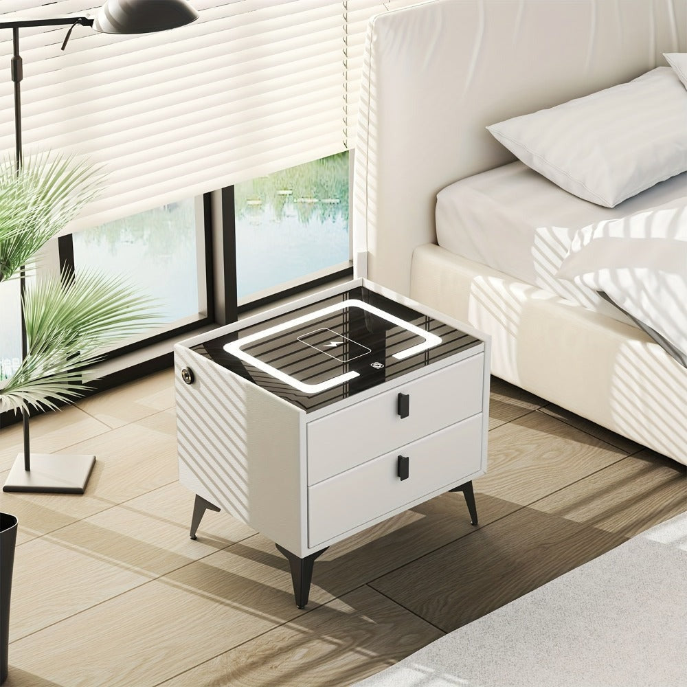 Mesita de noche, organizador de mesita de noche con luz LED, mesita de noche de 2 cajones, cómoda para sala de estar/dormitorio