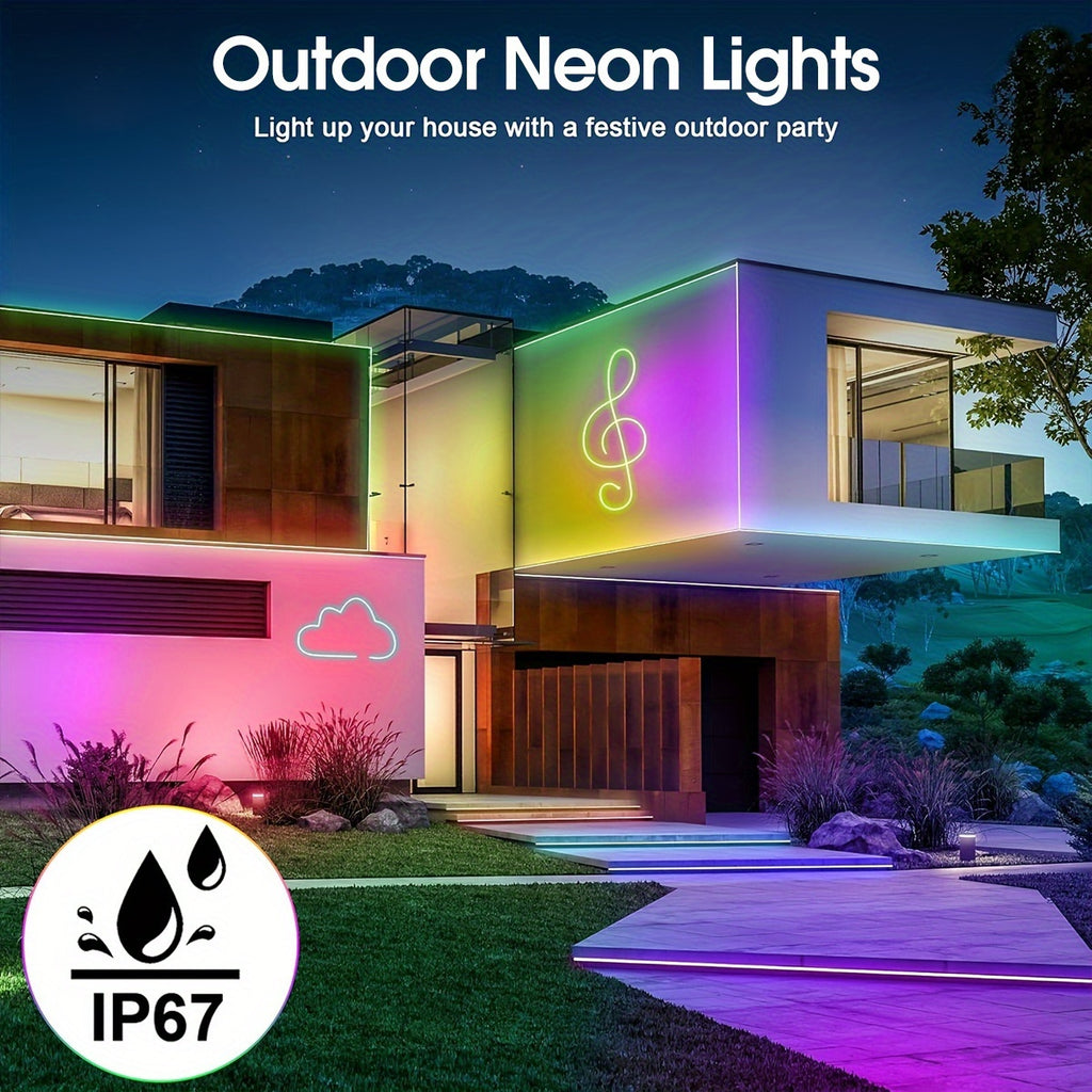 Tira de luz LED neón de 5M/10M/15M/20M/30M, 24V, control remoto/aplicación, tira de luz RGB flexible, IP67, ideal para dormitorio, habitación y decoración exterior