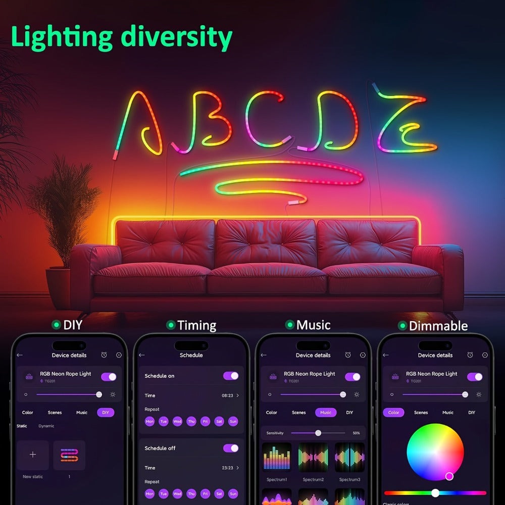 Tira de Luz LED RGB Neon de 30m/20m/15m/10m/5m con Sincronización Musical, Tira Flexible de 24V con Aplicación y Control Remoto, Tira de Luz Exterior IP"67", Ideal para Dormitorio, Habitación y Decoración Exterior