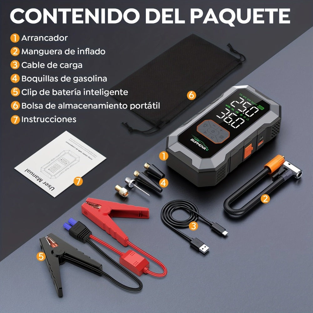 Arrancador de Coche 12000A con Compresor de Aire Inflador de Neumáticos Inalámbrico, Booster de Batería de 25000mAh con Pack de Batería Externa y Linternas LED, Caja de Arranque Automático de 12V para Todos los Vehículos de Gasolina o Diésel de 10.0L, Pan