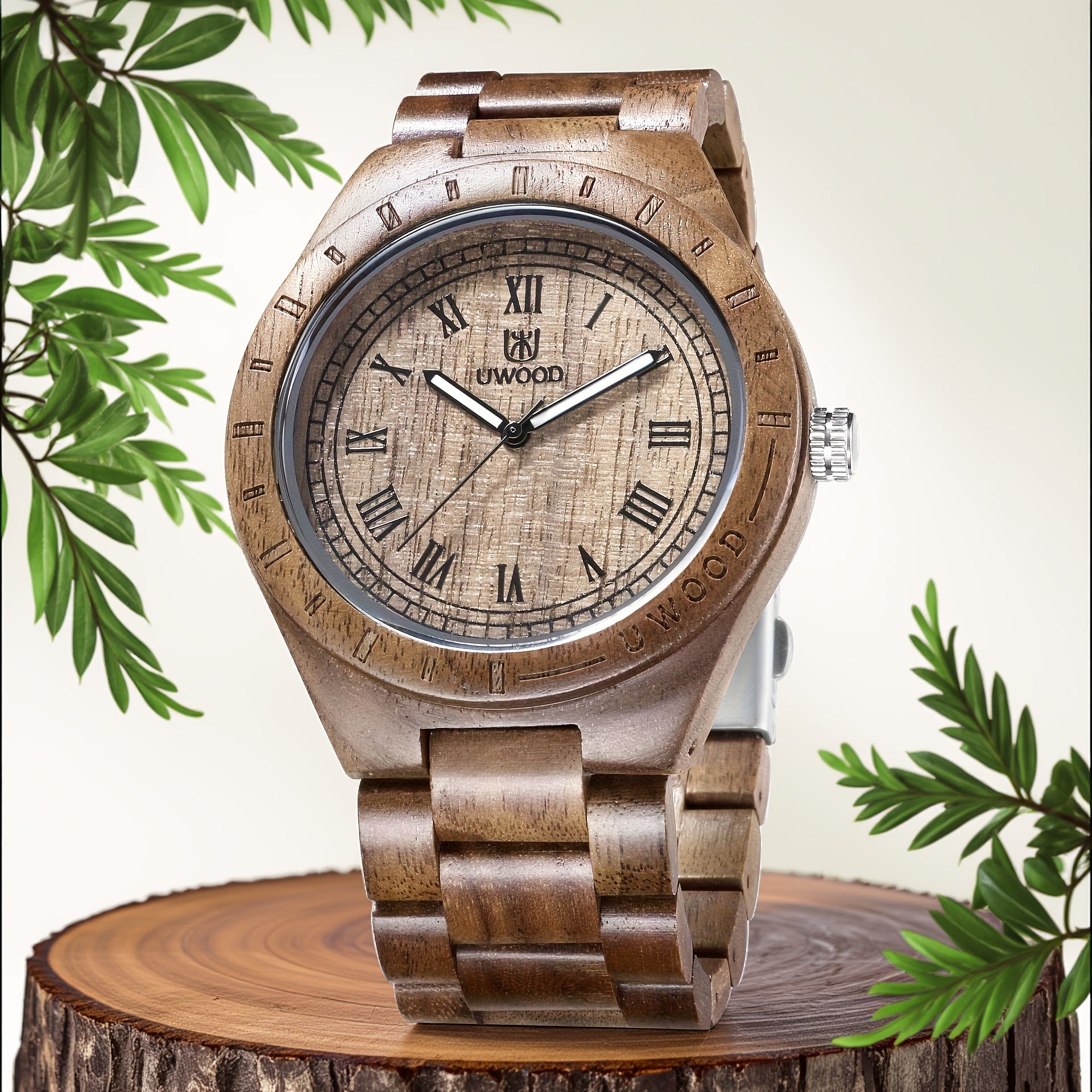 Leeev Reloj de Mano Ligero y Distintivo de Madera para Hombre, Colección Uwood Hecho a Mano de Sándalo Analógico de Cuarzo Vintage con Números Romanos, Reloj de Pulsera de Madera Natural