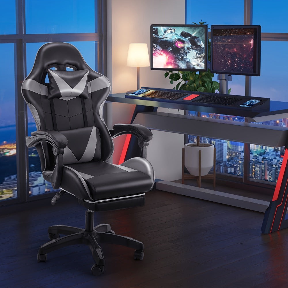 Silla Gaming, Silla de Ordenador con Cojín Lumbar, Reposacabezas, Reposapiés, Silla de Oficina Gaming Ajustable en Altura para Adultos, Niñas, Niños