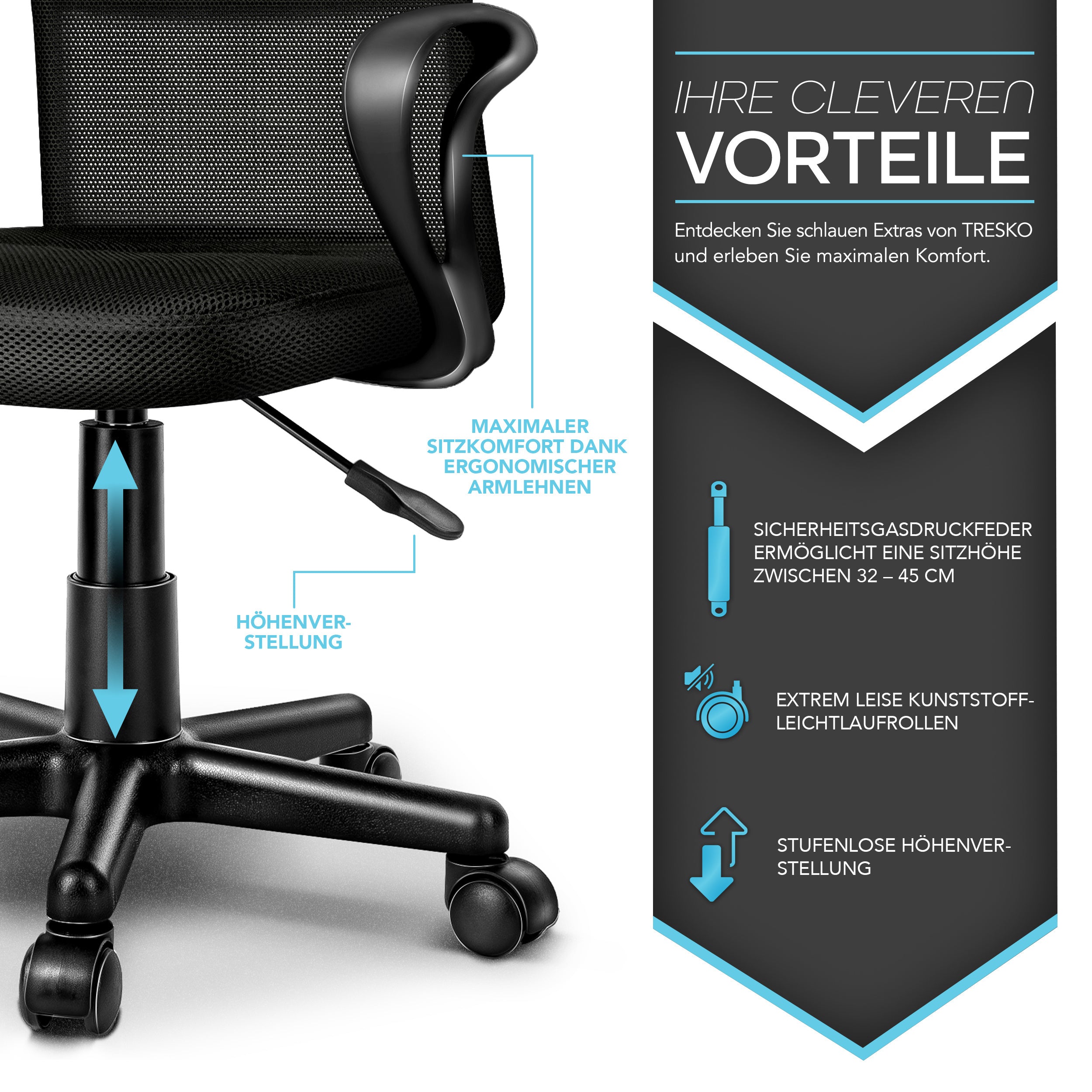 Silla de Oficina TRESKO® con Reposabrazos, Altura Ajustable Continua | Silla Giratoria de Malla Transpirable | Silla de Escritorio con Ruedas de Plástico Ligeras, Superficie Acolchada, Ajuste Ergonómico | Silla de Ordenador Ideal para Oficina en Casa, Hab