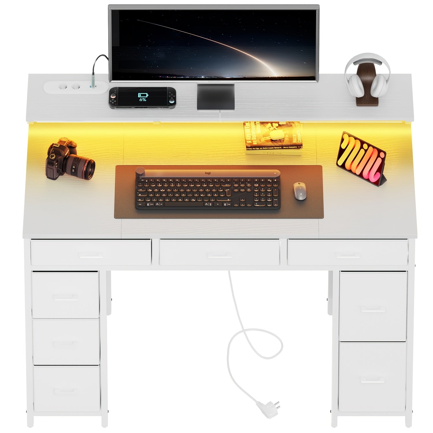 Hlfurninova Escritorio para Computadora con 8 Cajones de Almacenamiento de Tela, Escritorio para Oficina en Casa con Soporte para Monitor, Escritorio Gaming con Luces LED y Toma de Corriente, Escritorio para Estudio en el Dormitorio, 119.38 cm, 4 Colores