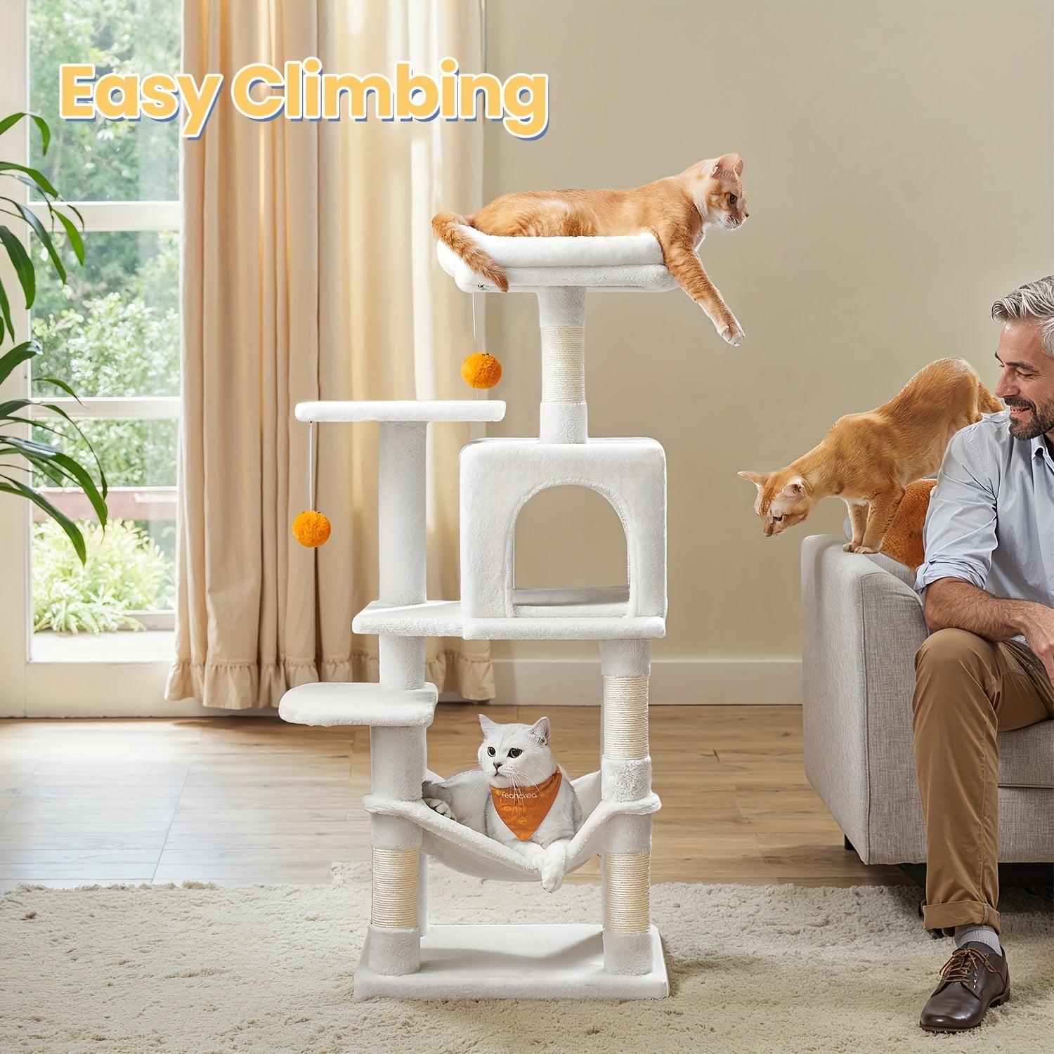 Rascador para gatos | Torre para Gatos Feandrea de Múltiples Niveles con 4 Postes Rascadores, Hamaca Acolchada y Cueva Acogedora - Mueble