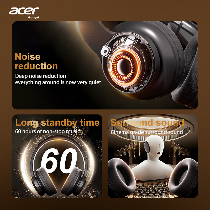 Auriculares Bluetooth | Auriculares Inalámbricos Over-Ear Genuinos de Acer con Bajos Potentes, Sonido Estéreo Hi-Fi, Reducción de Ruido en