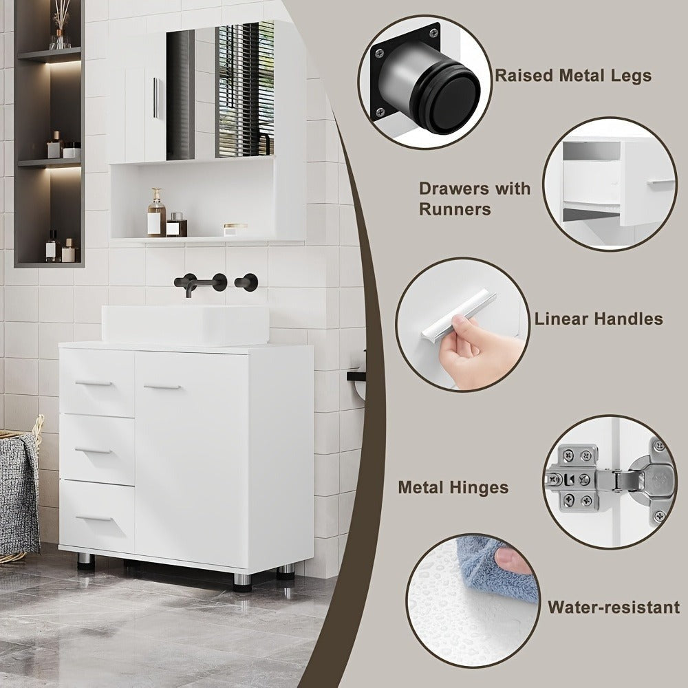 1pc Armario de Medicina, Tocador con 3 Cajones, Gabinete con 2 Compartimentos, Armario para Baño con Estante Ajustable, 60 x 60 x 30 cm, Blanco + Gris/Blanco/Blanco + Roble