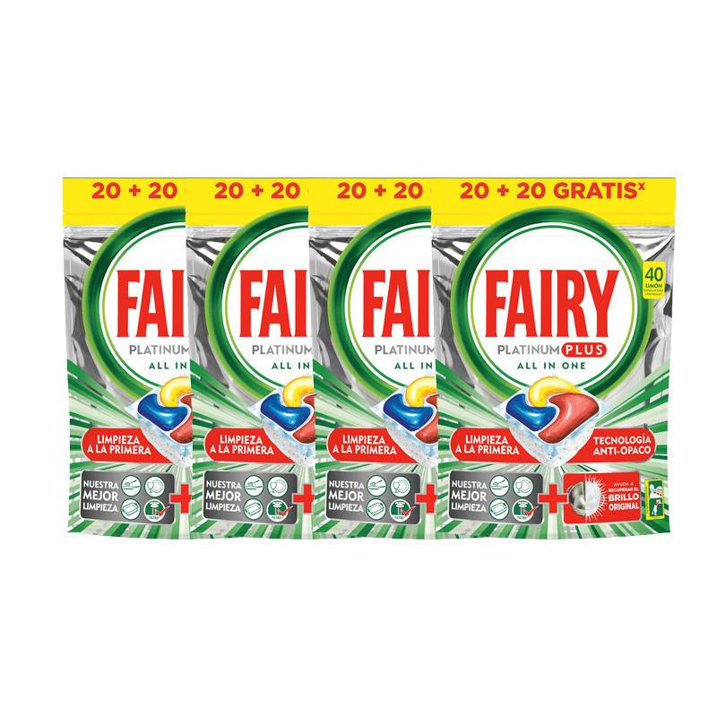 Fairy Platinum Plus All in One 160 Pastillas Lavavajillas, Pack Ahorro 2x1, en total 160 Capsulas, Limpieza Profunda y Extra Brillo, Fragancia Limon