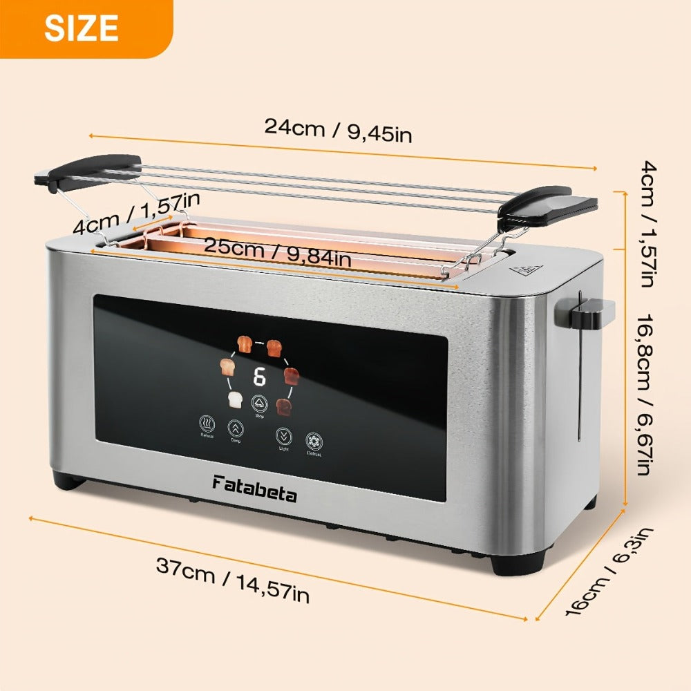 Tostadora de Pan 1400W, Tostadora de Acero Inoxidable, Pantalla Táctil LCD, 2 Ranuras Anchas para Tostadas, Tostadora de 4 Rebanadas, 7 Niveles de Marron, con Calentador de Rosquillas, Bandeja de Salpicaduras Extraíble