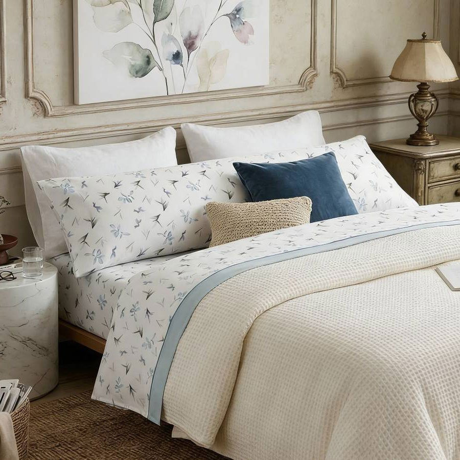 Juego de cama de tres piezas apto para todas las estaciones, que incluye una sábana, una sábana ajustable y fundas de almohada. Medidas: 90 cm, 105 cm, 135 cm, 150 cm y 180 cm.