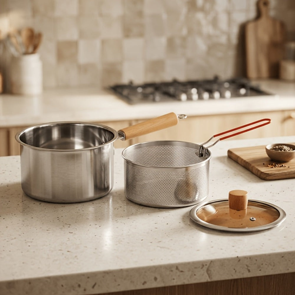 Juego de ollas de cocina multiusos con cesta para freír y tapa de cristal: cacerola antiadherente, freidora, olla para fideos, cacerola para leche, olla freidora de acero inoxidable, olla para cocinar pasta, apta para estufas de inducción y de gas, ideal