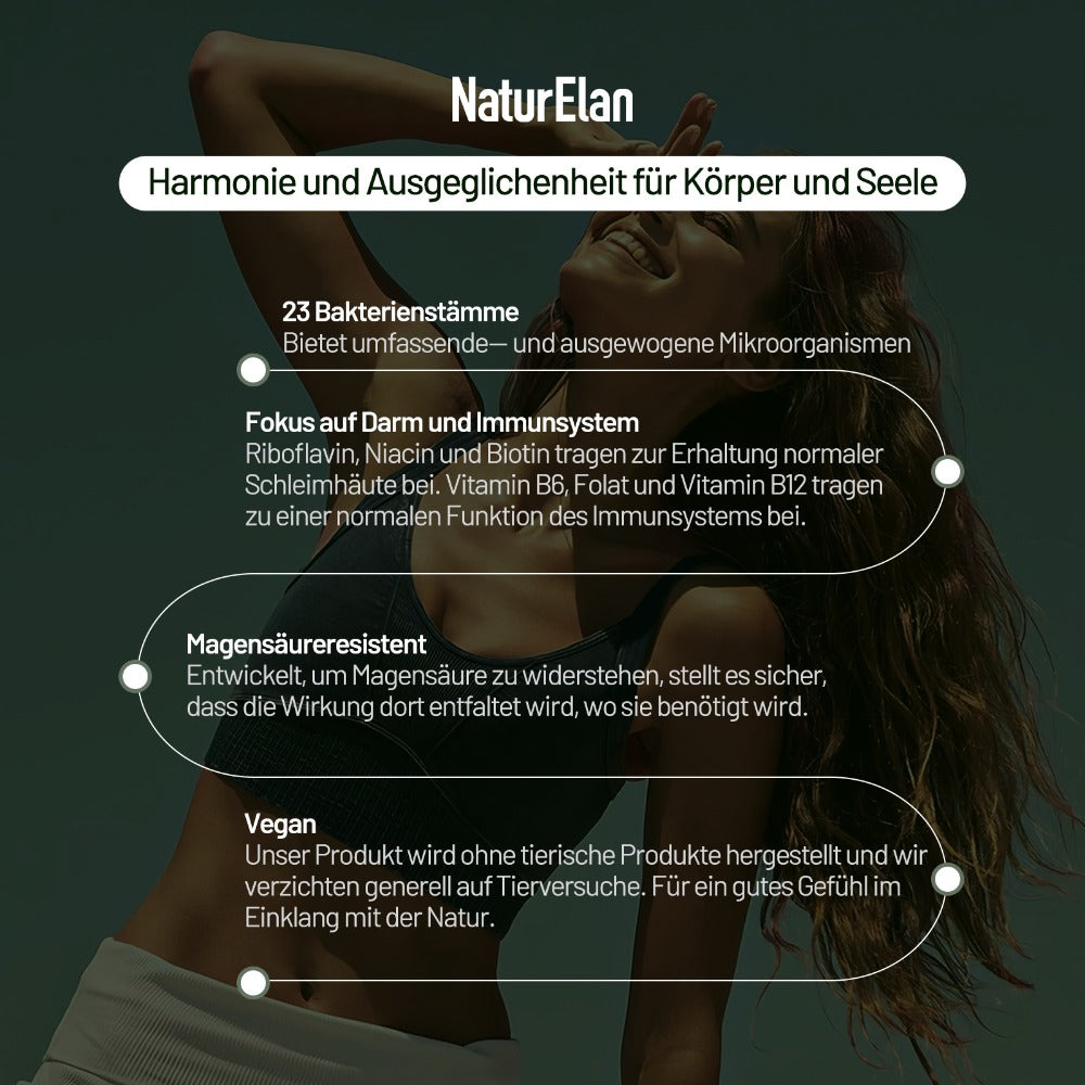 Cápsulas de cultivos probióticos complejos, 23 cepas bacterianas con complejo B activo y fibra de acacia, resistentes al ácido estomacal, veganas, 20,5 mil millones de UFC/dosis diaria, fabricadas en Alemania, 60 cápsulas, Naturelan