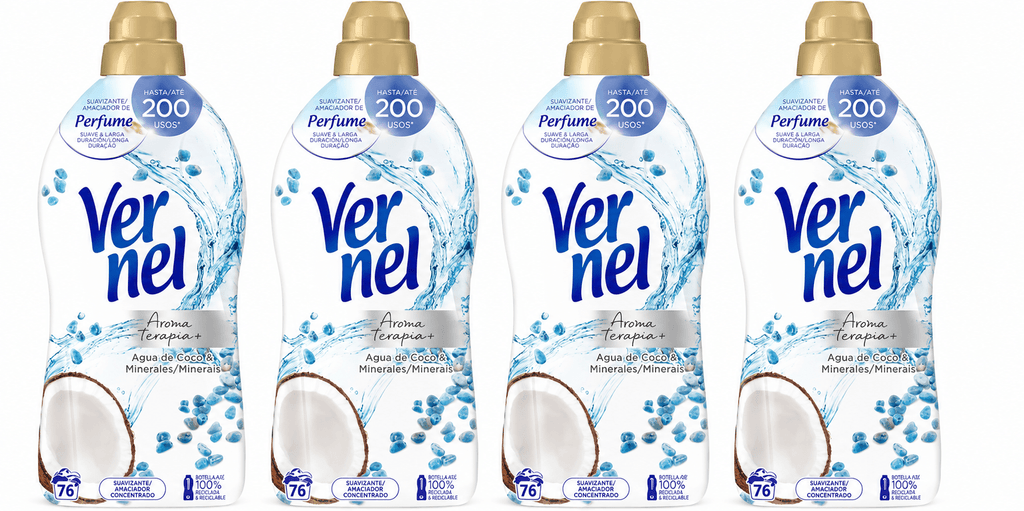 Paquete de 4 suavizantes de tela Vernel de aromaterapia para 4*60 lavados (Maldivas-Delicado, Lirio Irresistible, Té Blanco/Té) - Paquete de 4 suavizantes de tela Vernel de aromaterapia Cielo Azul para 4*55 lavados - Paquete de 4 suavizantes de tela Verne