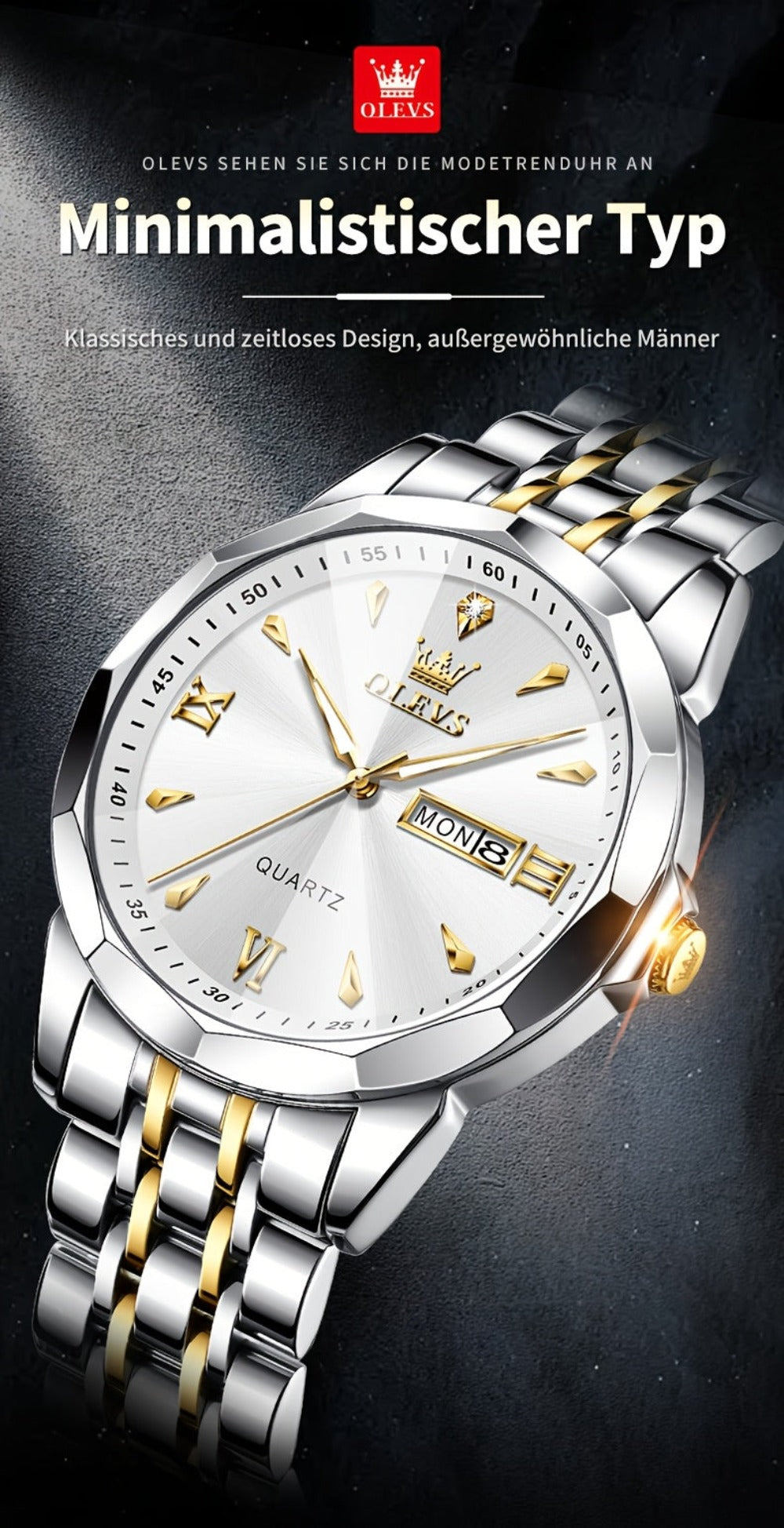 OLEVS Reloj para Hombre Clásico Analógico Cuarzo Cronógrafo Negocios Vestir Relojes de Diamantes de Imitación Elegante Lujo Acero Inoxidable Fase de Luna Calendario Relojes de Hombre Relojes De Hombre Esfera Azul/Negro/Blanco/Gris