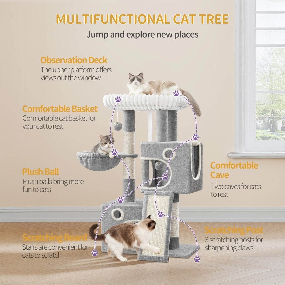 Un árbol para gatos compacto que mide 98 cm, con un diseño amplio y resistente, una gran plataforma suave, una pelota de felpa, una cueva acogedora, un rascador y una tabla rascadora
