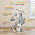 Un árbol para gatos compacto que mide 98 cm, con un diseño amplio y resistente, una gran plataforma suave, una pelota de felpa, una cueva acogedora, un rascador y una tabla rascadora