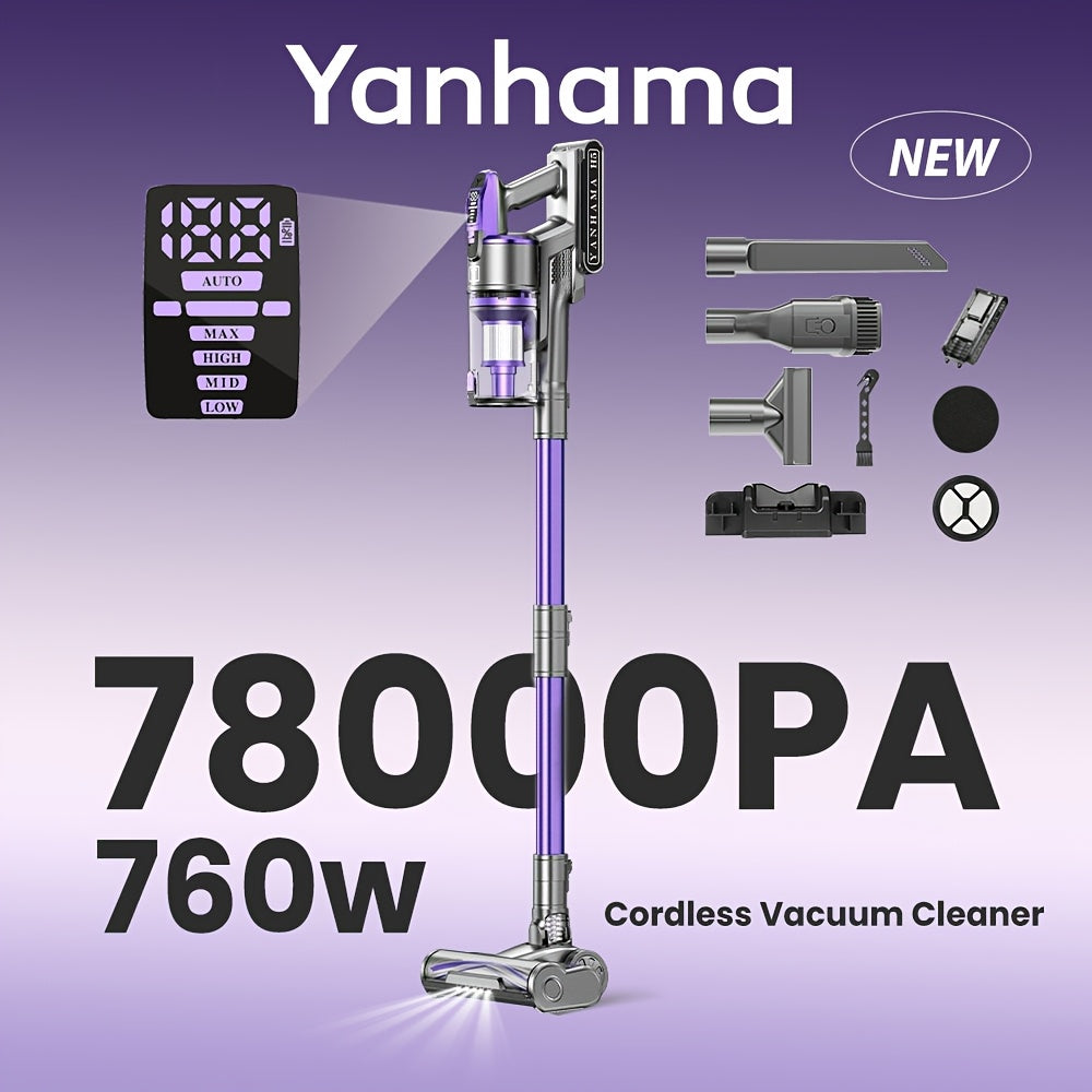 Aspiradora inalámbrica Yanhama/ 78000PA/ Aspiradora inalámbrica 8 en 1/ con cepillo antienredos/ 70 minutos de autonomía/ Aspiradora inalámbrica con pantalla LED/ Aspiradora de mano para pelo de mascotas, suelos duros, alfombras, limpieza de primavera del