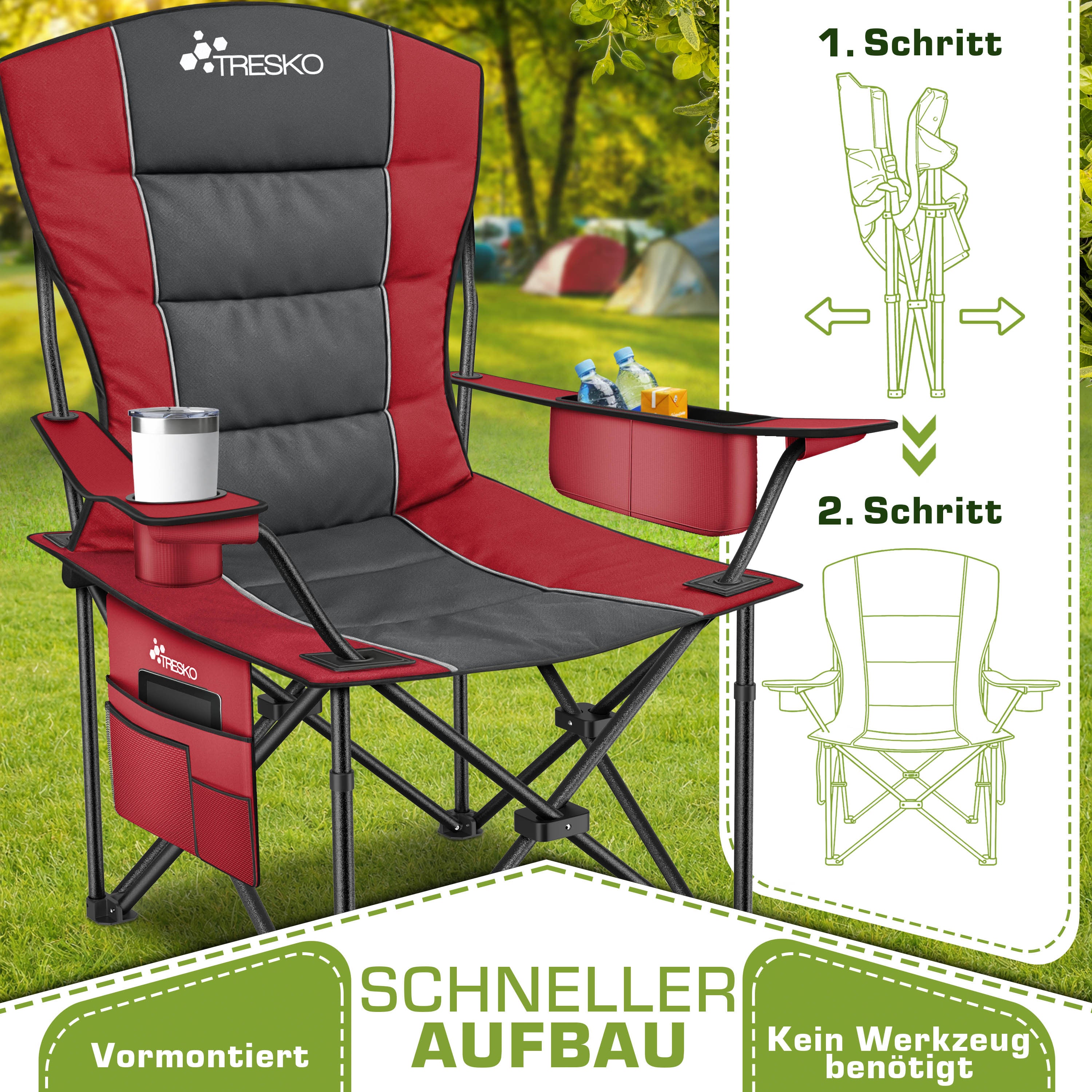 TRESKO® Silla de Camping Plegable hasta 200Kg | Silla Plegable con Bolsa Nevera, Portavasos y Bolsillo Lateral | Silla XXL Plegable Incluye Bolsa de Transporte | Silla de Pesca Acolchada para Exterior, Pesca, Festival y Jardín